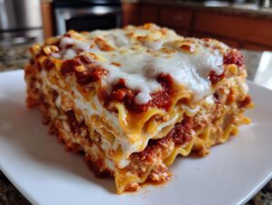 A thick, layered slice of ravioli lasagna topped with melted mozzarella cheese and rich red sauce.