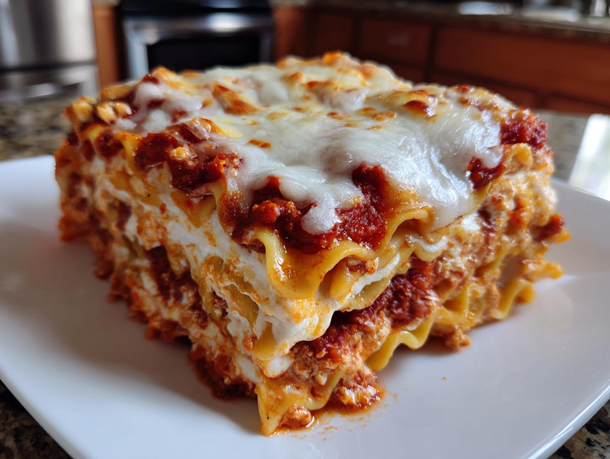 A thick, layered slice of ravioli lasagna topped with melted mozzarella cheese and rich red sauce.