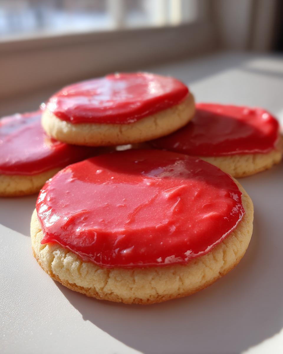 Close-up of soft sugar cookies topped with thick, glossy red sugar cookie icing recipe.