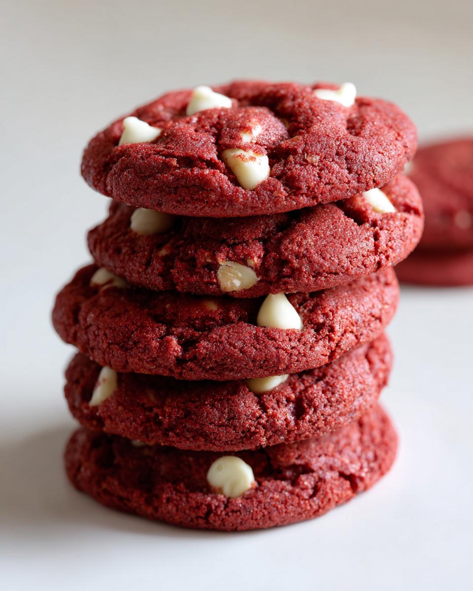 A tall stack of four vibrant red velvet cake mix cookies studded with white chocolate chips on a white surface.