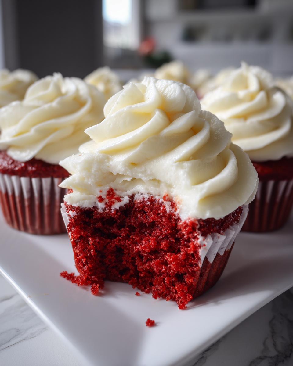 Close-up of a red velvet cupcakes with a bite taken out, showing the moist red cake and thick cream cheese frosting.
