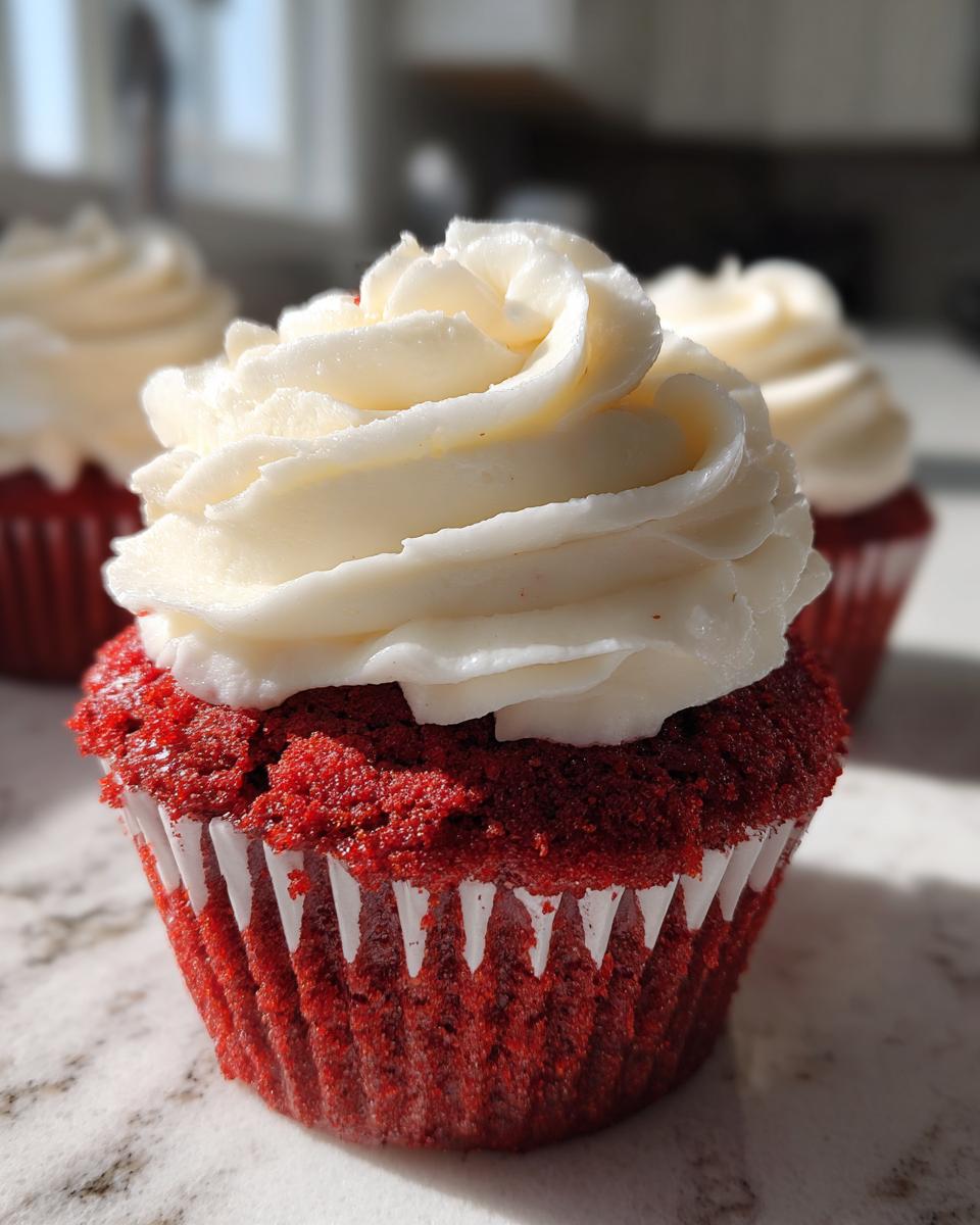 A close-up of a vibrant red velvet cupcakes topped with a swirl of white cream cheese frosting.