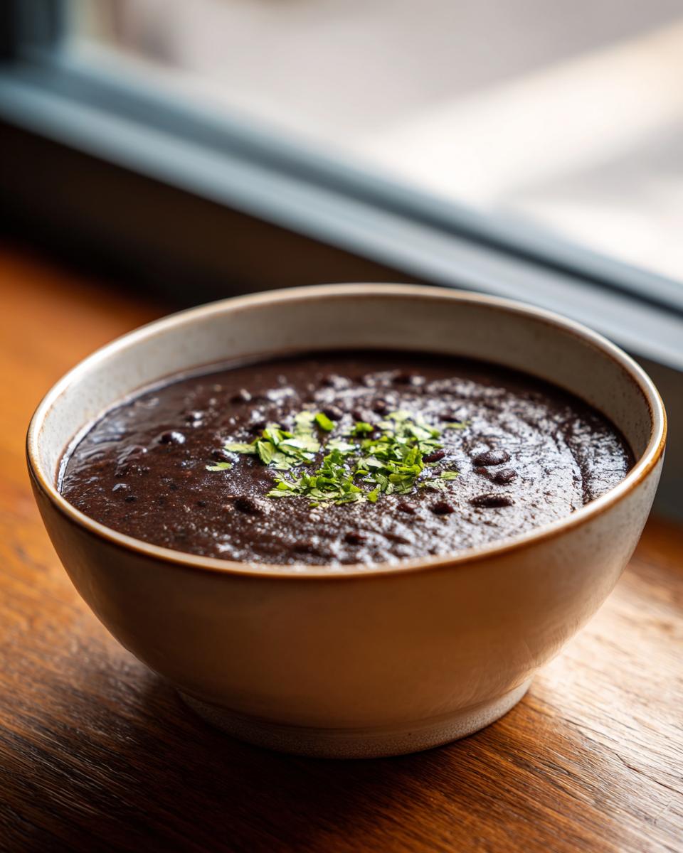 A close-up of rich, dark black bean soup in a light ceramic bowl, garnished with chopped green herbs.