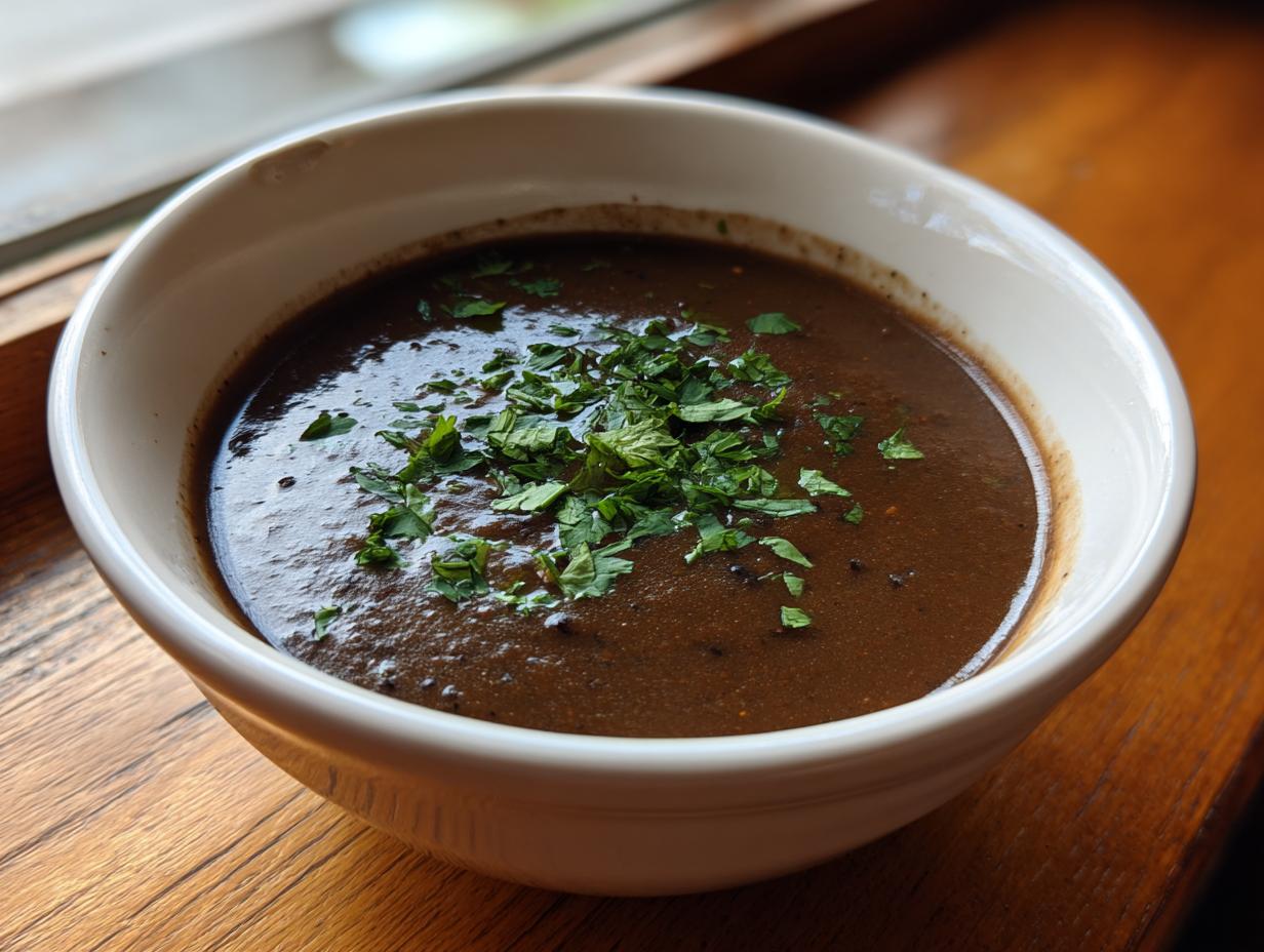A close-up of a bowl of rich, dark black bean soup topped with chopped fresh parsley.