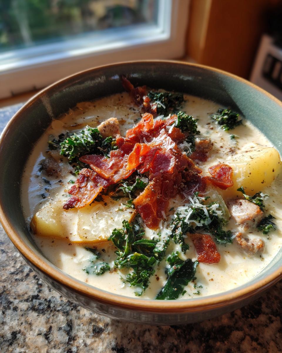 A close-up of a rich bowl of zuppa toscana soup topped with crispy bacon, kale, and Parmesan cheese.