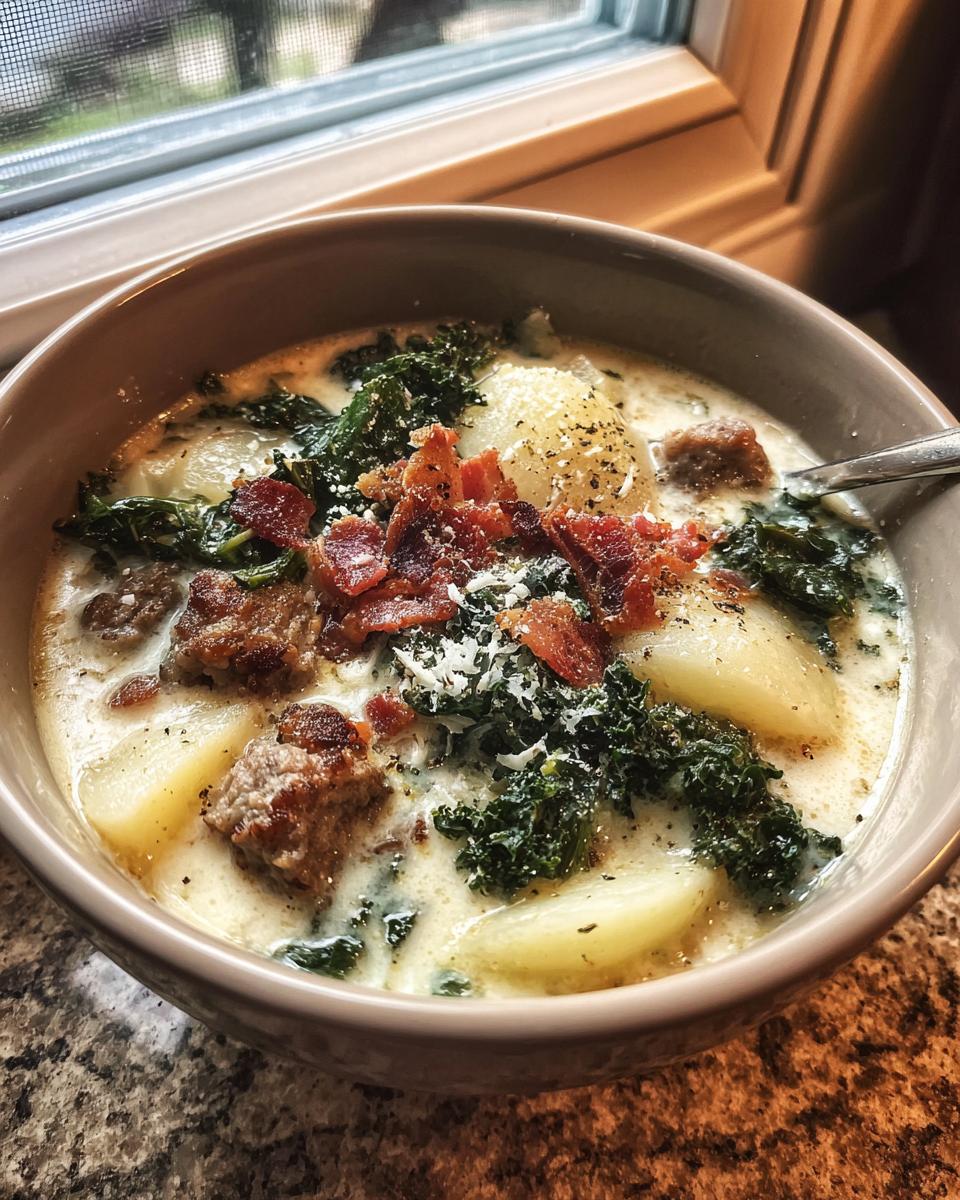 Close-up of a rich bowl of zuppa toscana soup featuring sausage, potatoes, kale, and bacon topping.