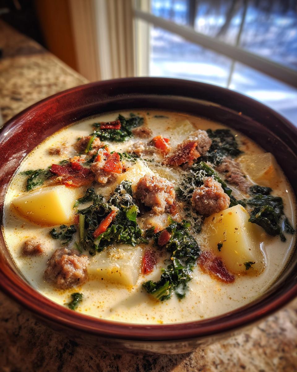 A close-up of a rich bowl of zuppa toscana soup featuring potatoes, sausage, kale, and grated Parmesan.