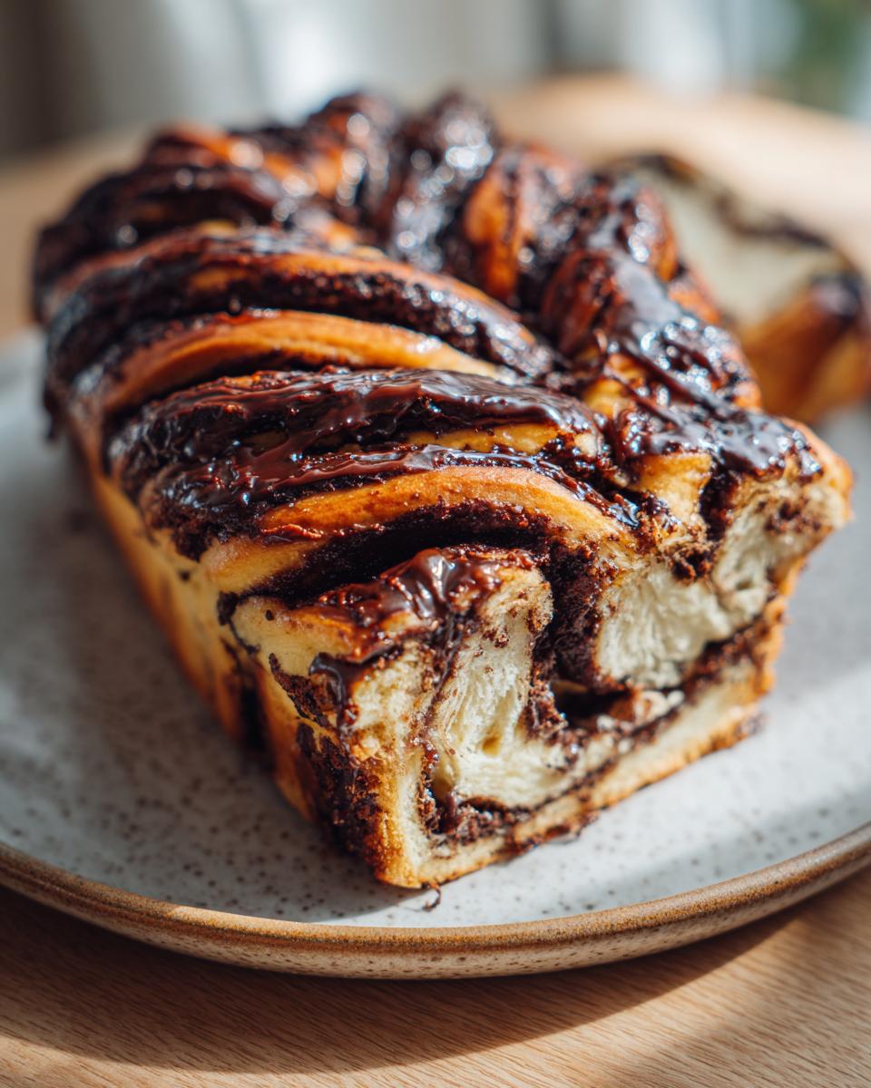 A close-up view of a freshly baked chocolate babka loaf, showing its swirled layers and glossy chocolate filling.