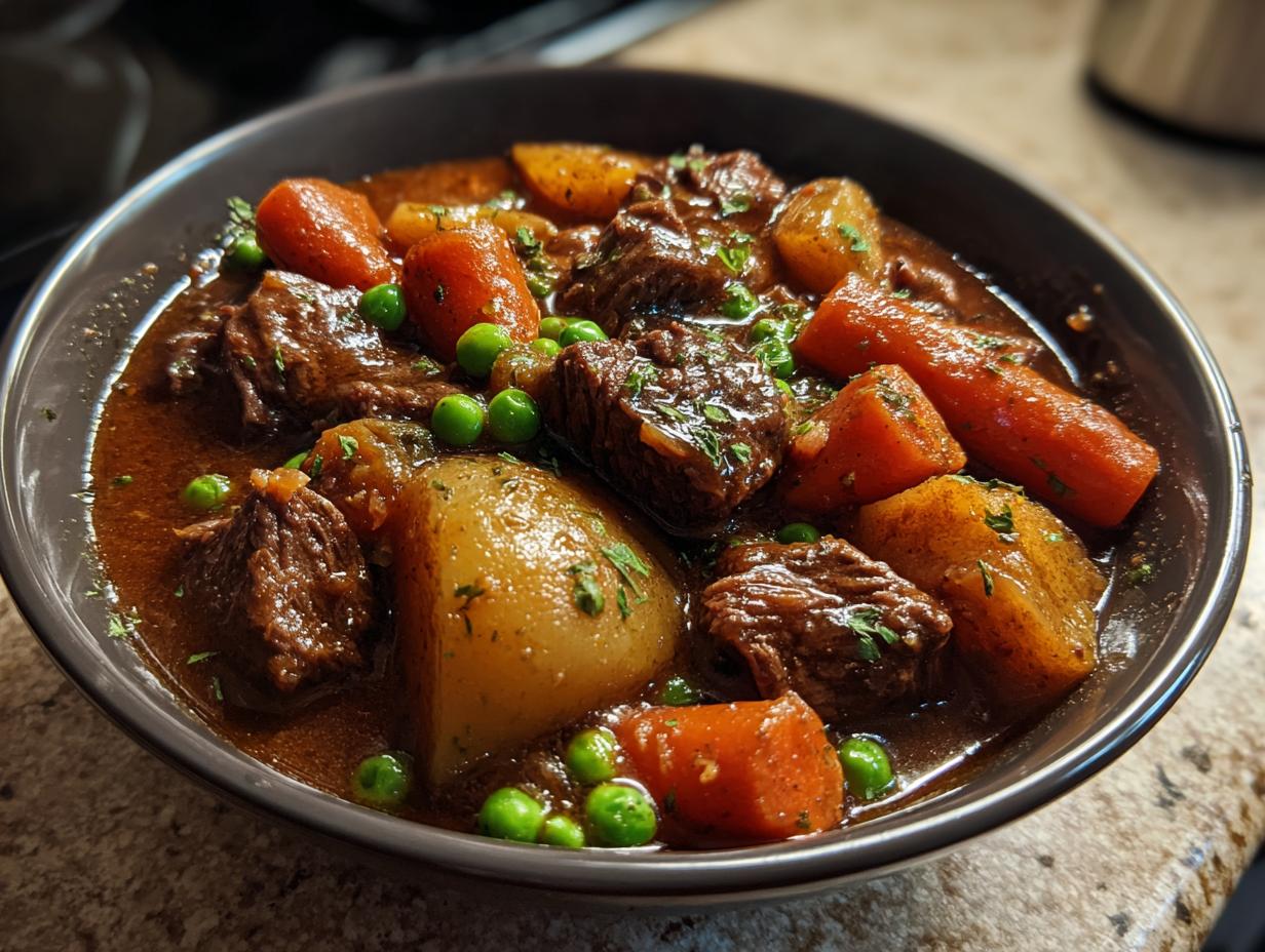 A close-up of a bowl filled with rich crockpot beef stew featuring tender beef chunks, carrots, potatoes, and peas.