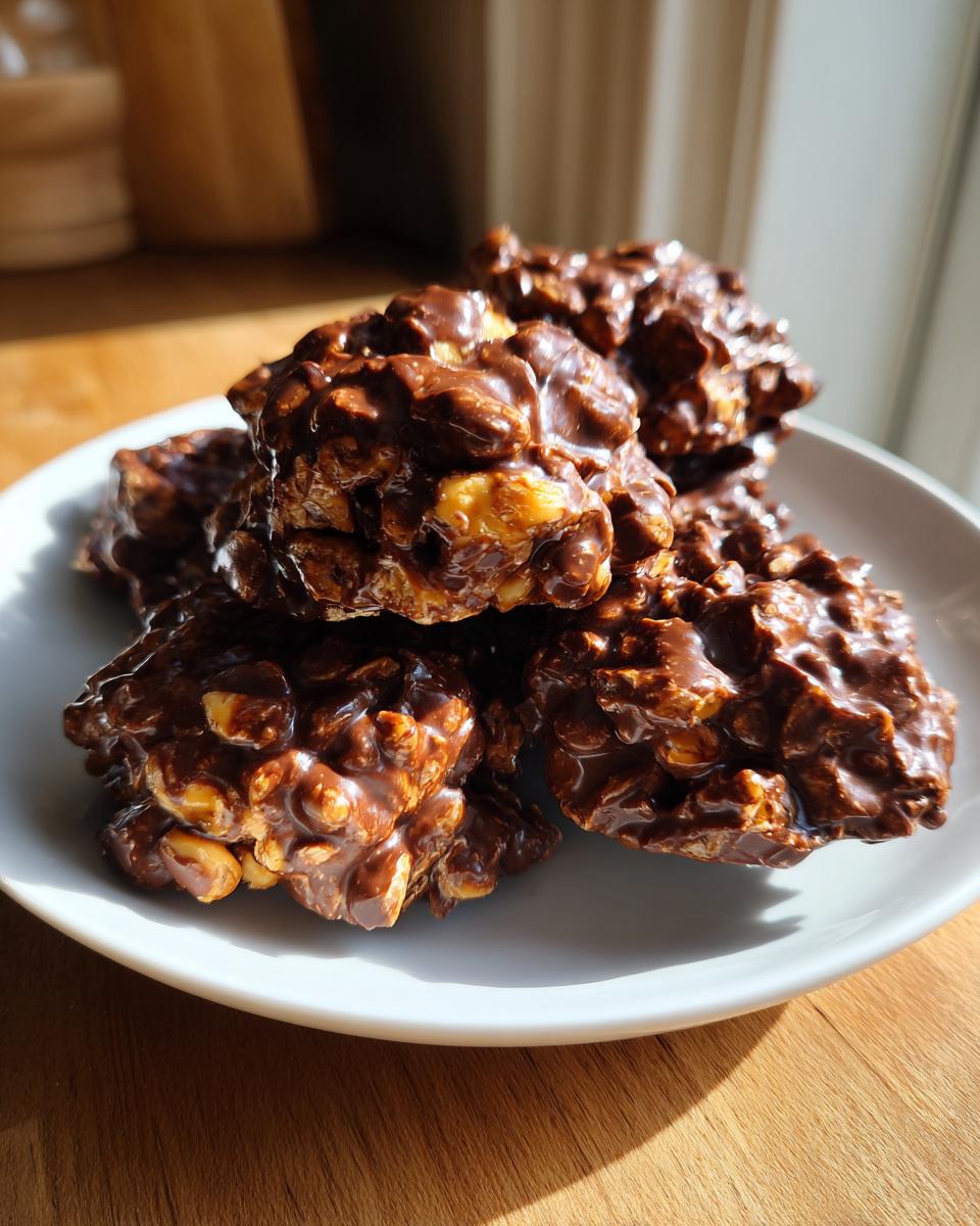 A stack of glossy, chocolate-coated crockpot peanut clusters piled high on a small white plate.