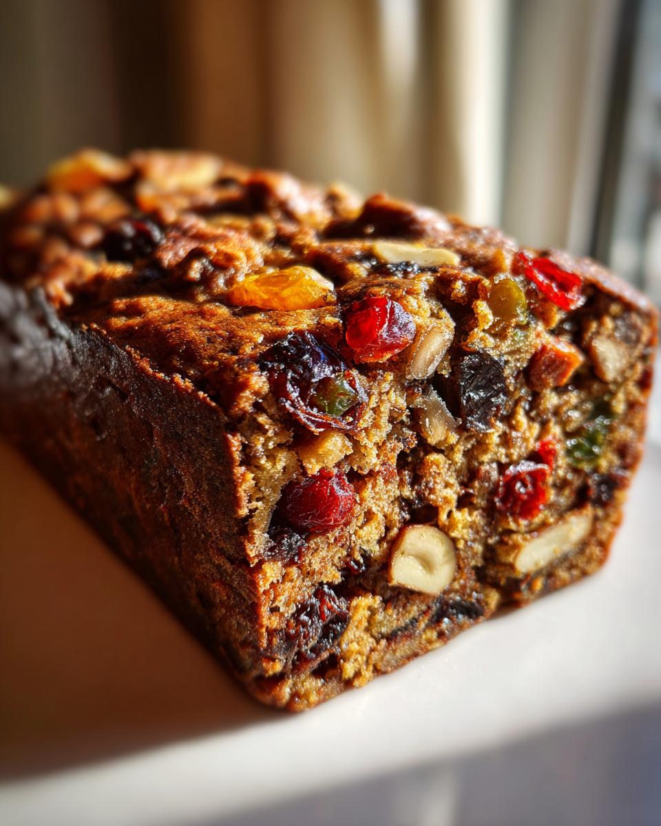 A close-up, richly textured view of a freshly baked fruit cake recipe loaf, studded with dried fruits and nuts.