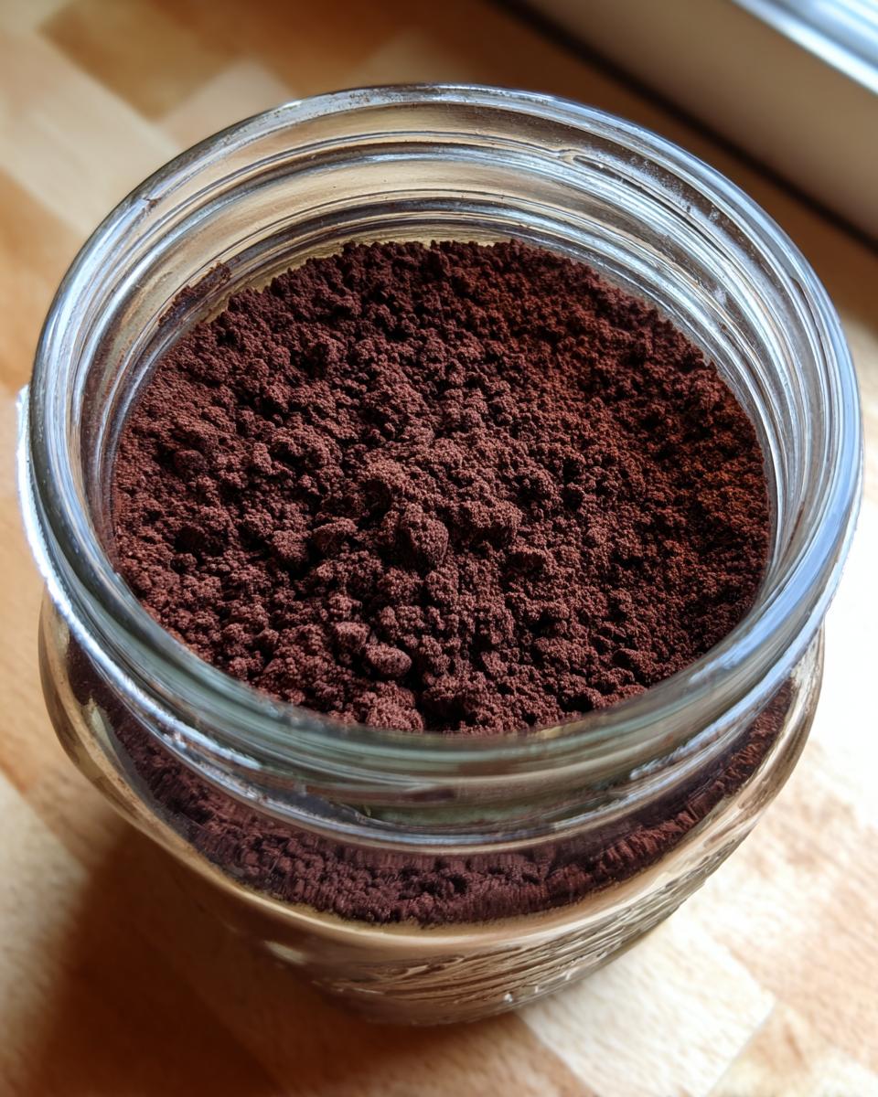 Close-up overhead view of rich, dark brown hot cocoa mix powder filling a clear glass jar.
