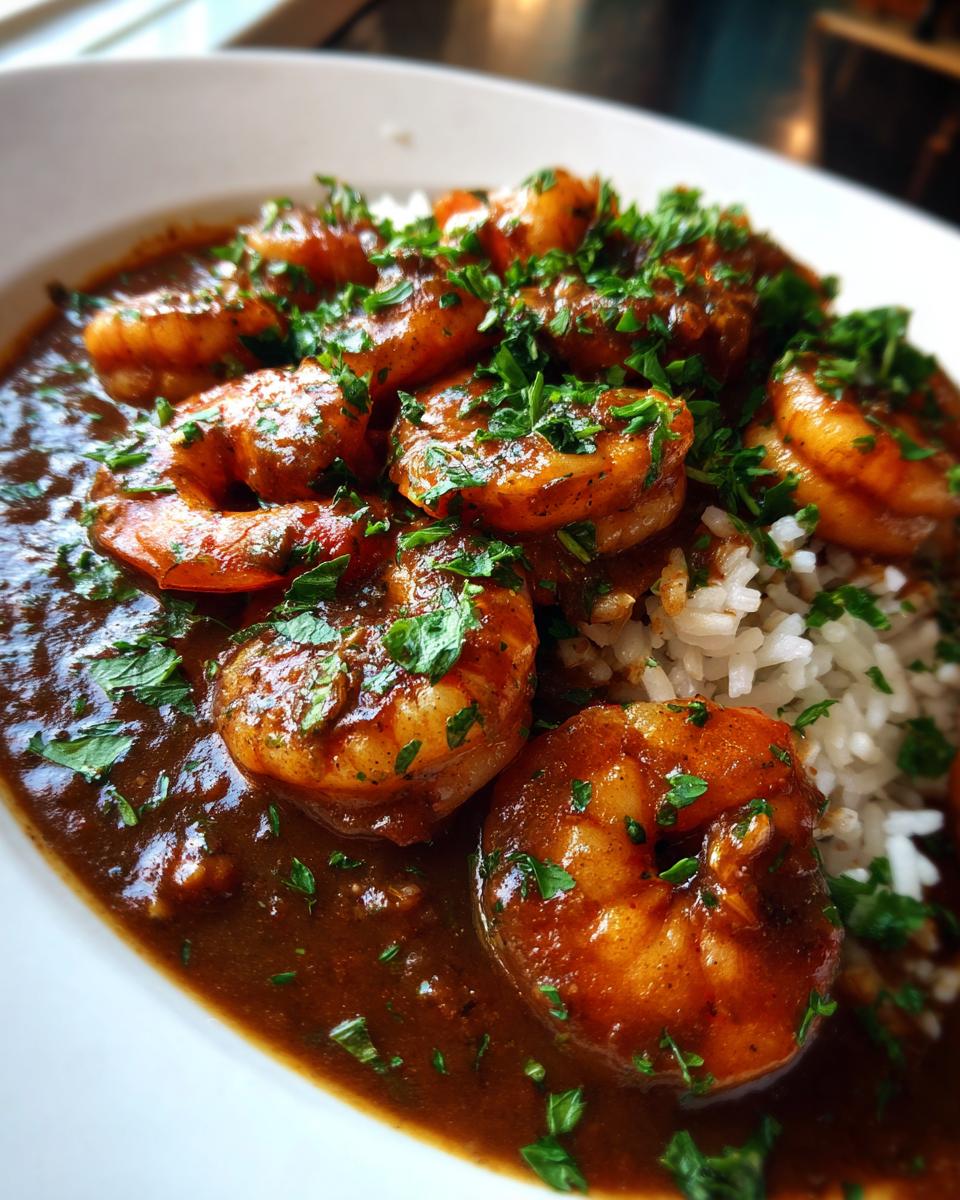 Close-up of savory shrimp etouffee with plump shrimp in dark roux sauce over white rice, garnished with parsley.