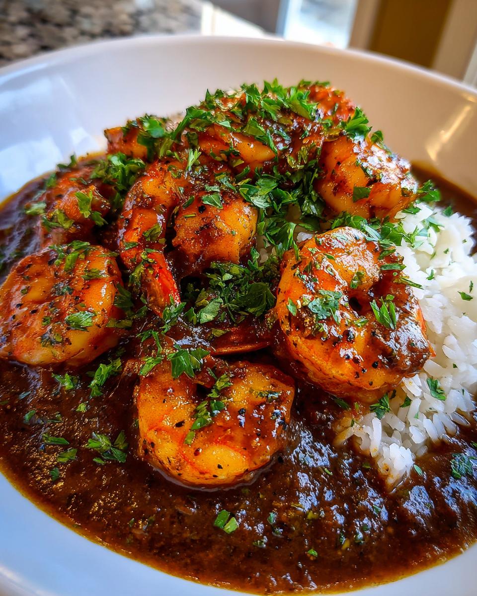 Close-up of flavorful shrimp etouffee with plump shrimp in a dark roux sauce, served over white rice and topped with fresh parsley.