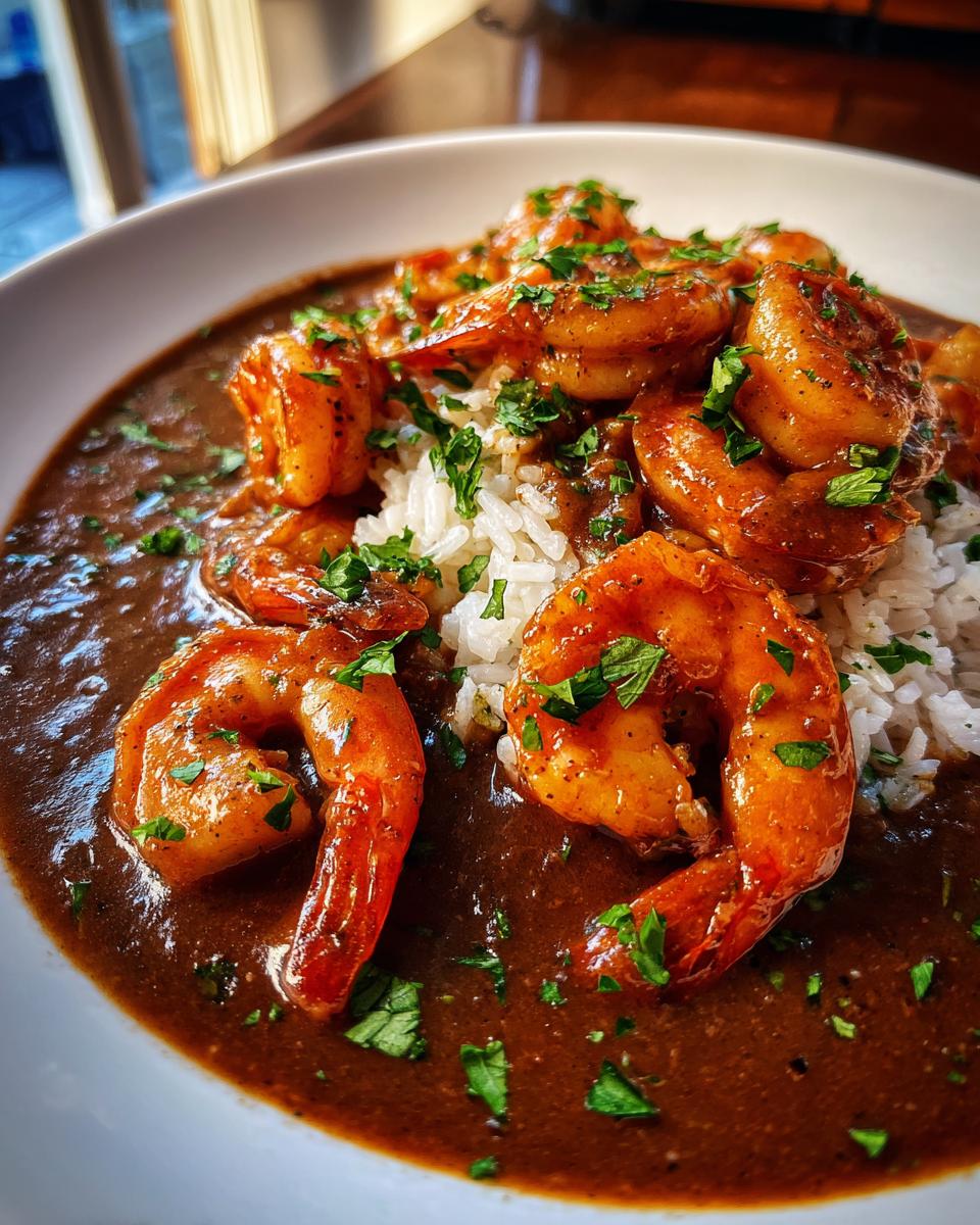 Close-up of flavorful shrimp etouffee with large seasoned shrimp served over white rice and garnished with parsley.