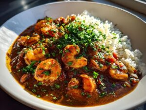 A close-up of a bowl of rich, dark shrimp etouffee served alongside fluffy white rice and garnished generously with fresh parsley.