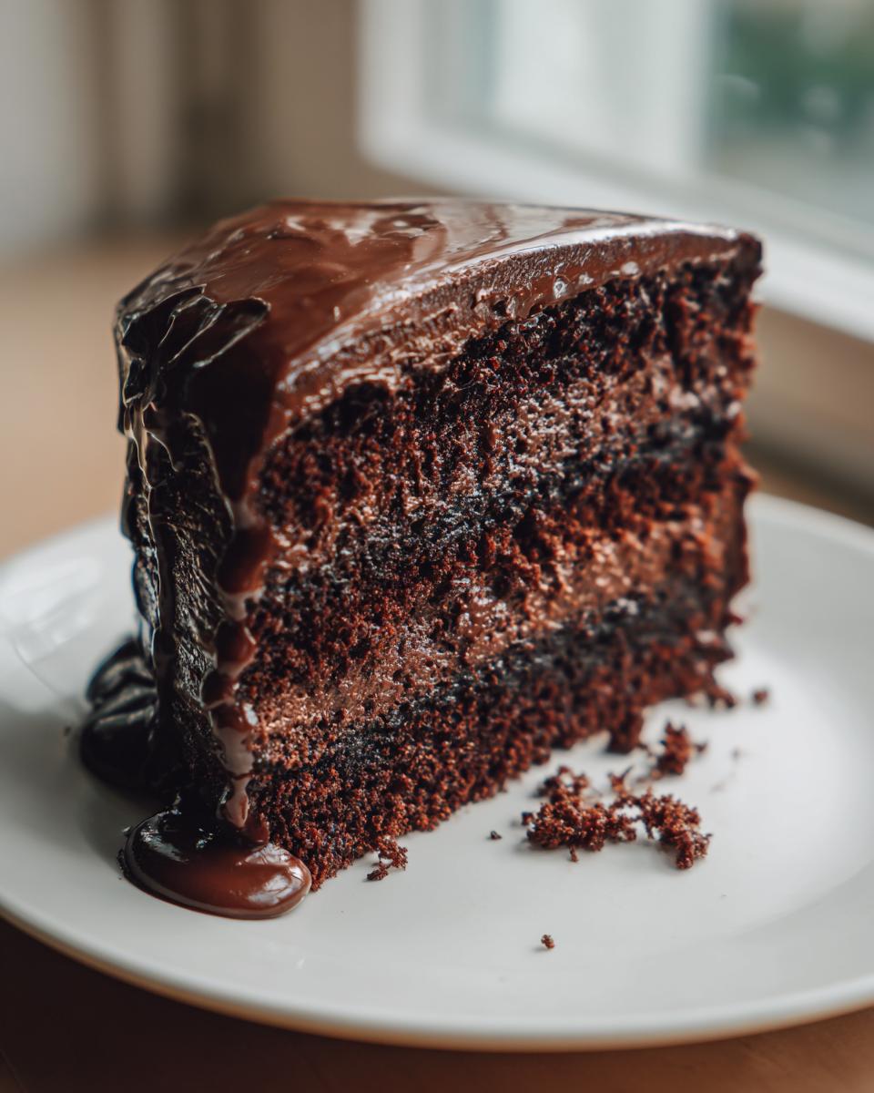 A decadent slice of moist chocolate cake recipe covered in glossy chocolate ganache, sitting on a white plate.