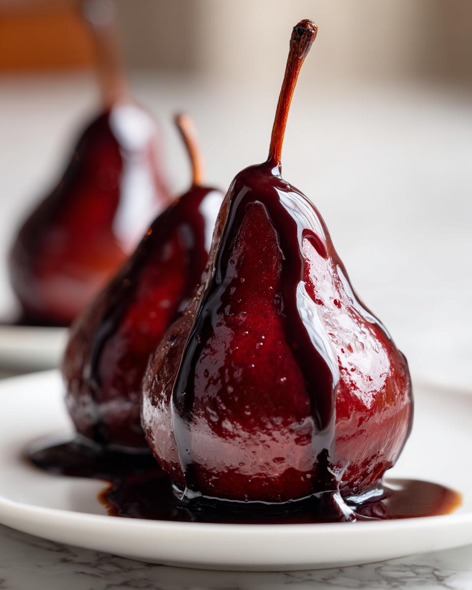 Close-up of three deeply colored poached pears drizzled with dark, glossy syrup, ready to serve.