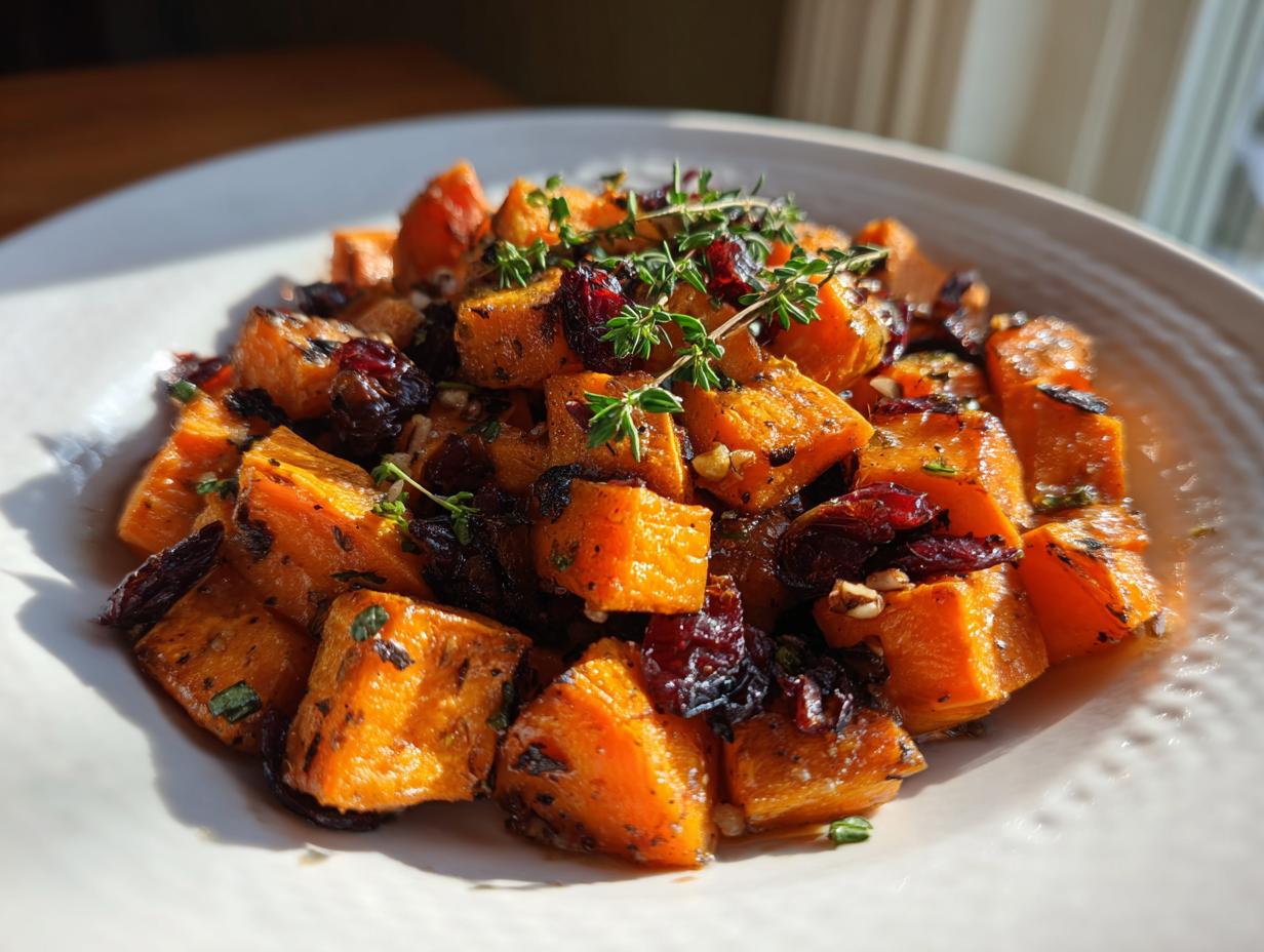 Close-up of roasted orange sweet potato salad cubes mixed with dried cranberries and fresh thyme sprigs.