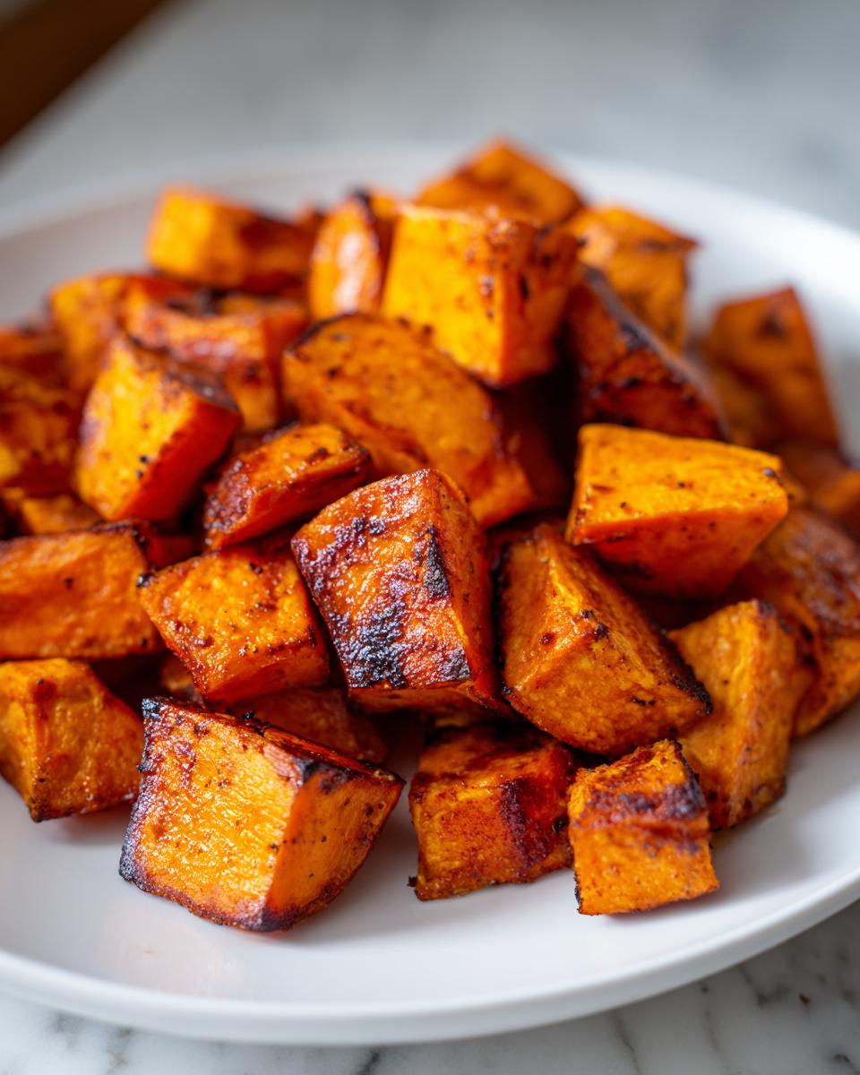 Close-up of perfectly caramelized roasted sweet potato cubes piled on a white plate.