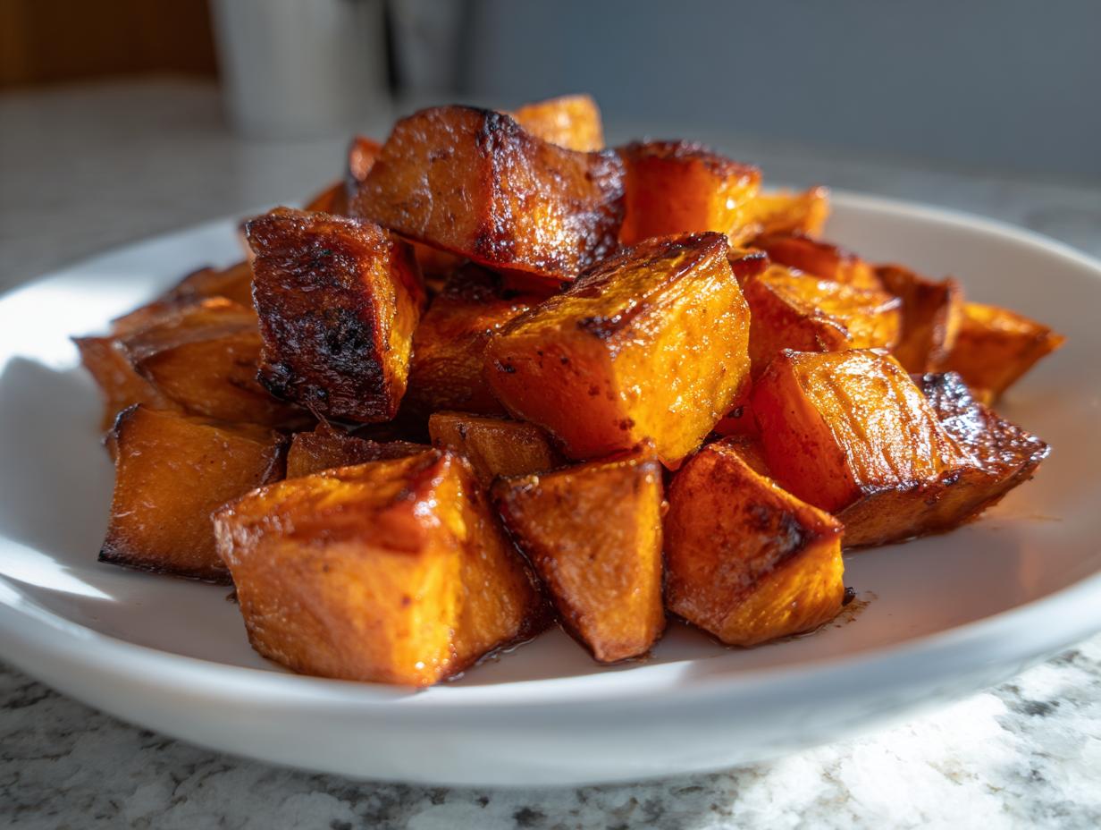 Close-up of glistening, caramelized roasted sweet potato cubes piled high on a white plate.