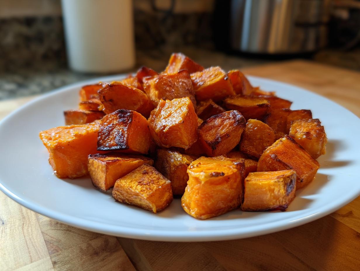 A close-up of perfectly caramelized roasted sweet potatoes cubes served on a white plate.