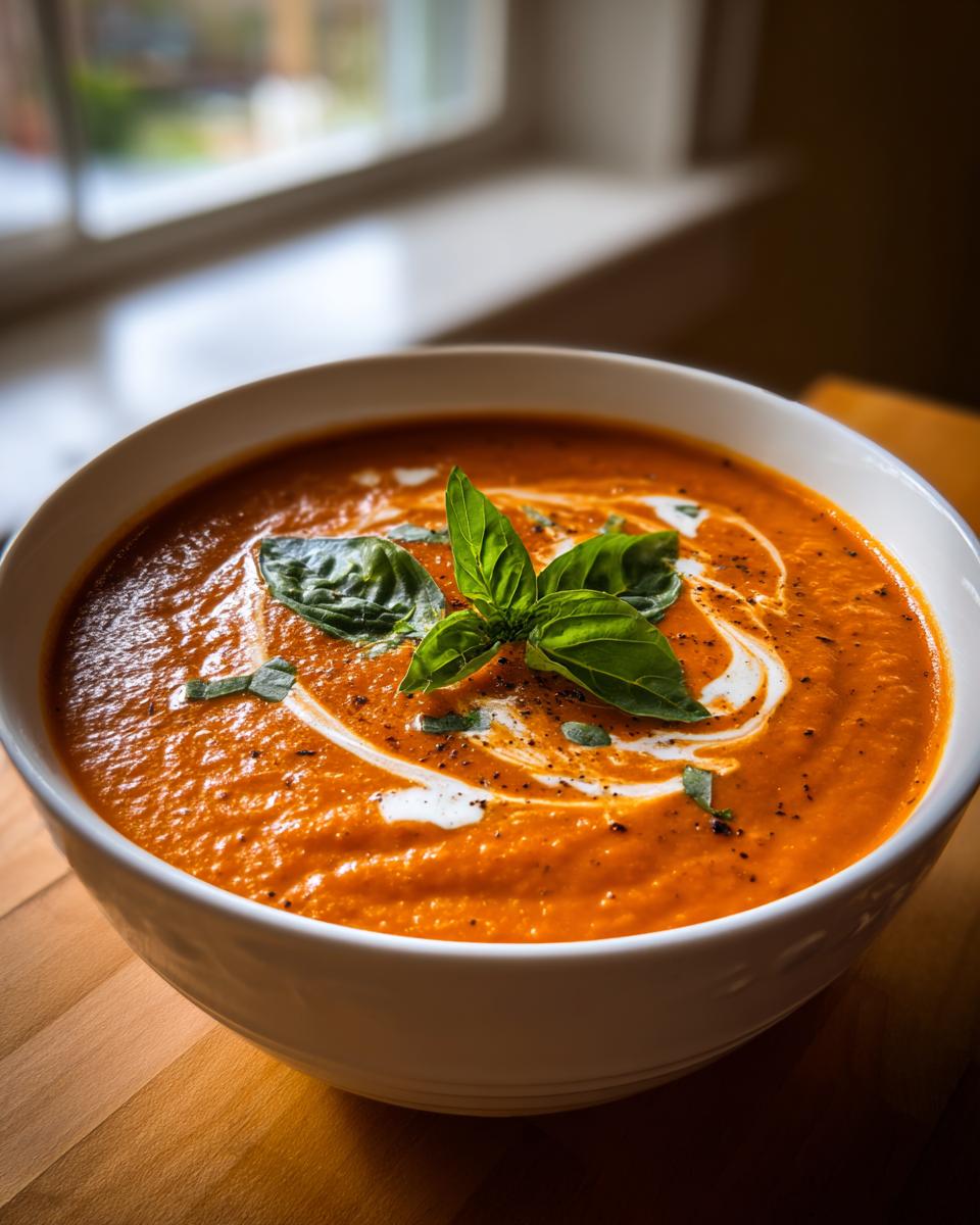 A close-up of a bowl of rich, orange roasted tomato soup, swirled with cream and topped with fresh basil leaves.