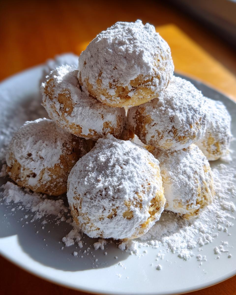 A stack of freshly baked russian tea cakes heavily dusted with powdered sugar on a white plate.