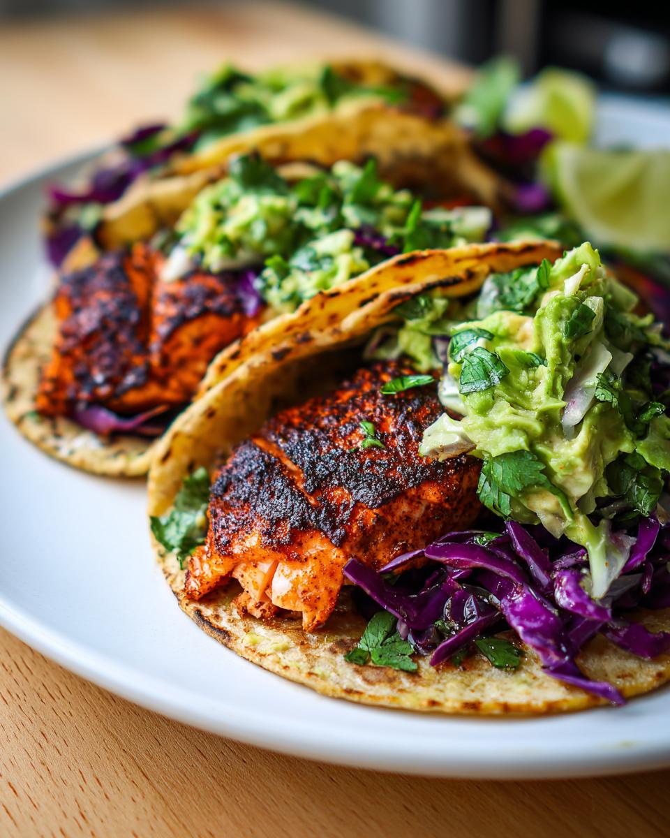 Close-up of delicious salmon tacos featuring blackened salmon, purple cabbage slaw, and chunky guacamole.