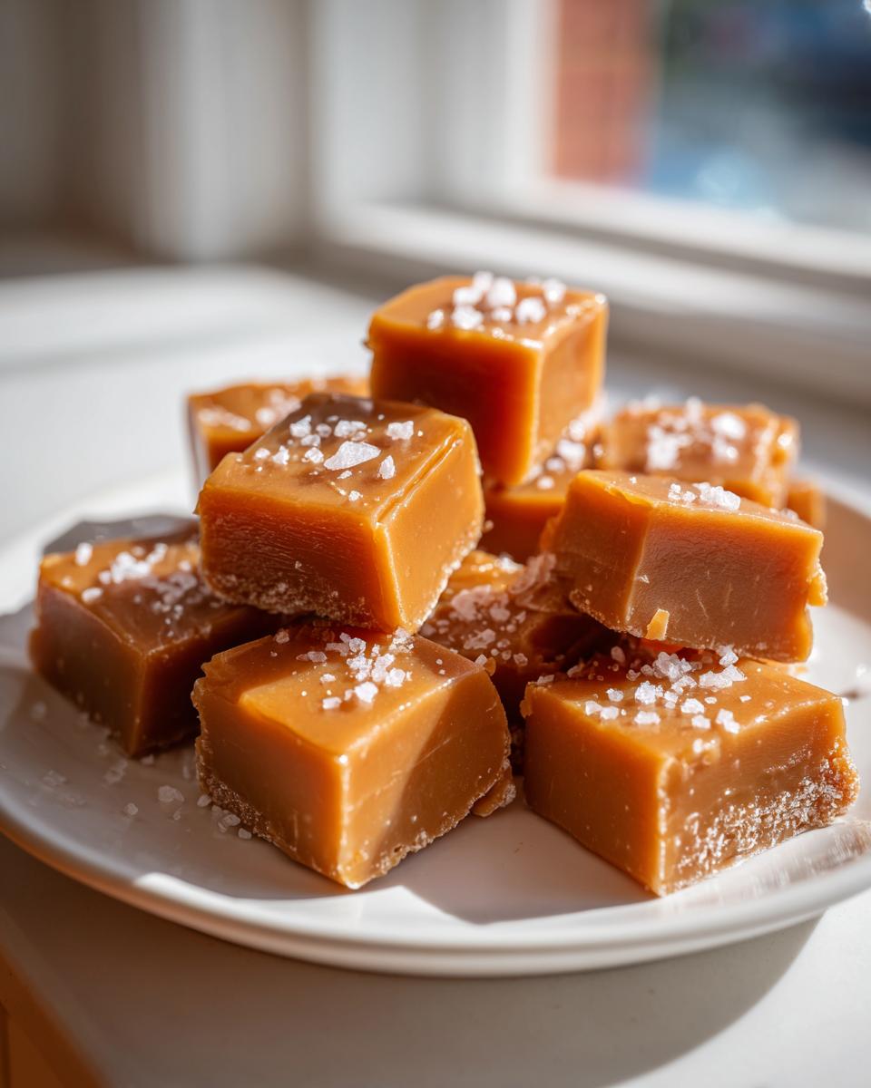 A stack of homemade, square, salted caramels dusted with flaky sea salt, beautifully lit by natural window light.