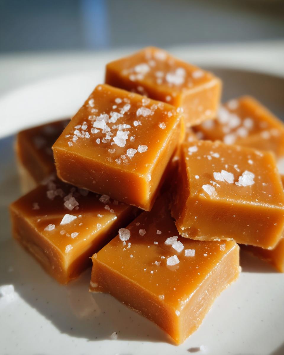 A stack of homemade, chewy caramels sprinkled with flaky sea salt, perfect for a low-calorie treat.