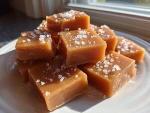 Close-up of a stack of homemade, chewy caramels topped with flaky sea salt, perfect for low-calorie caramels.