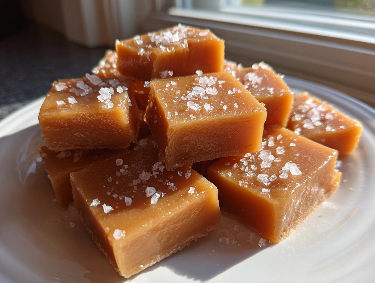 Close-up of a stack of homemade, chewy caramels topped with flaky sea salt, perfect for low-calorie caramels.