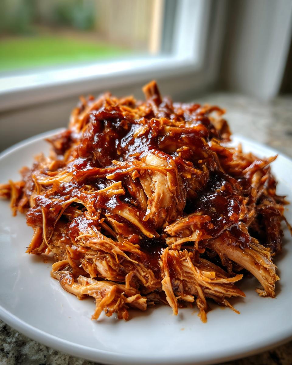 A mound of saucy, shredded pulled chicken coated in barbecue sauce served on a white plate.