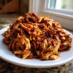 Close-up of a generous serving of saucy, shredded pulled chicken piled high on a white plate.
