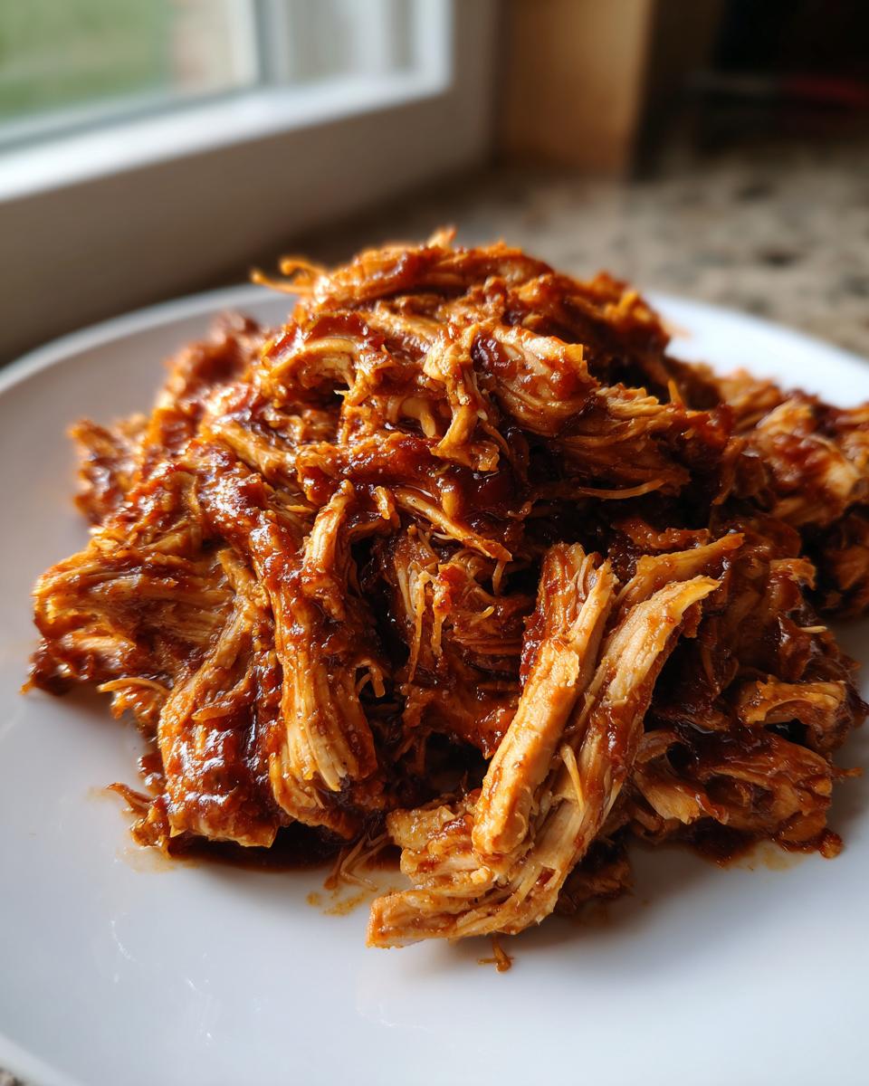 A close-up shot of a generous serving of saucy pulled chicken piled high on a white plate.