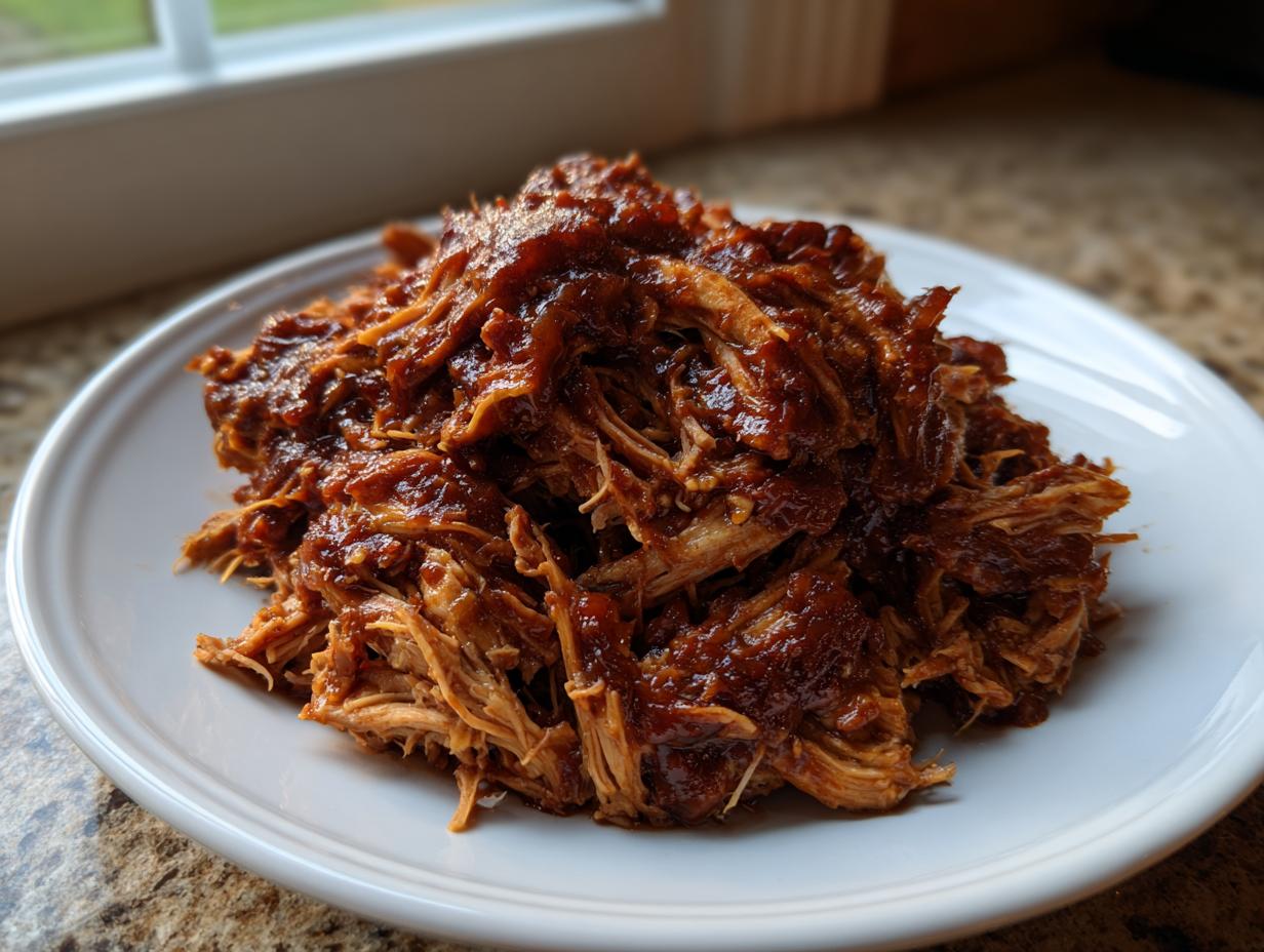 A close-up of a generous mound of saucy, shredded pulled chicken served on a white plate.