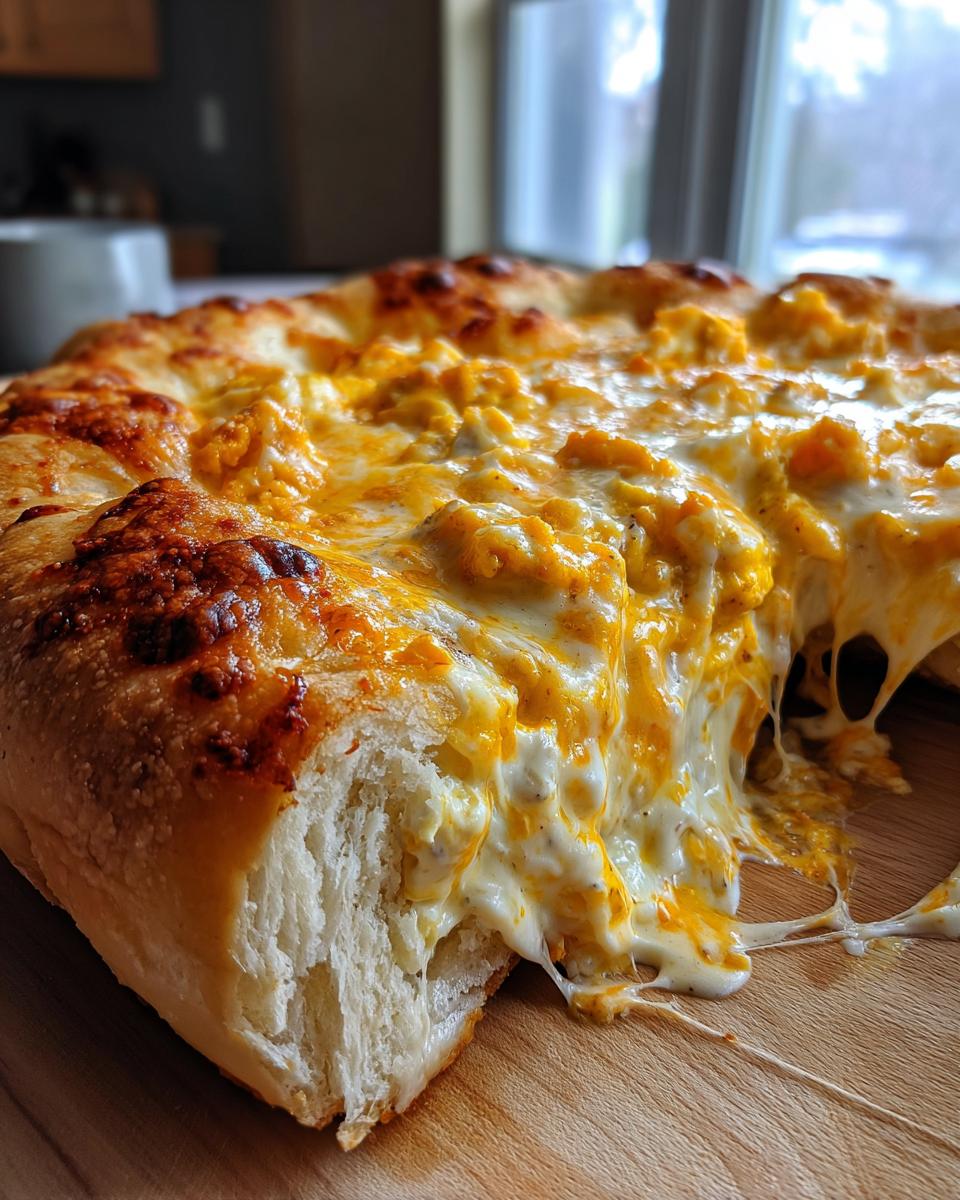 Close-up of a thick, cheesy sausage gravy breakfast pizza slice being pulled away, showing gooey cheese strings.