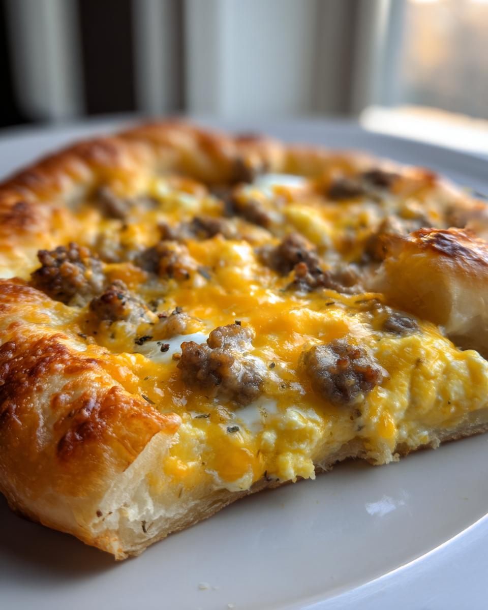 Close-up of a slice of sausage gravy breakfast pizza showing flaky crust, scrambled eggs, sausage crumbles, and melted cheddar cheese.