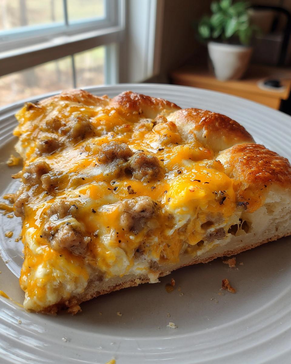 A close-up slice of sausage gravy breakfast pizza topped with melted cheddar cheese and sausage crumbles on a light gray plate.