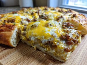 A thick slice of sausage gravy breakfast pizza showing crust, eggs, melted cheese, and crumbled sausage topping.