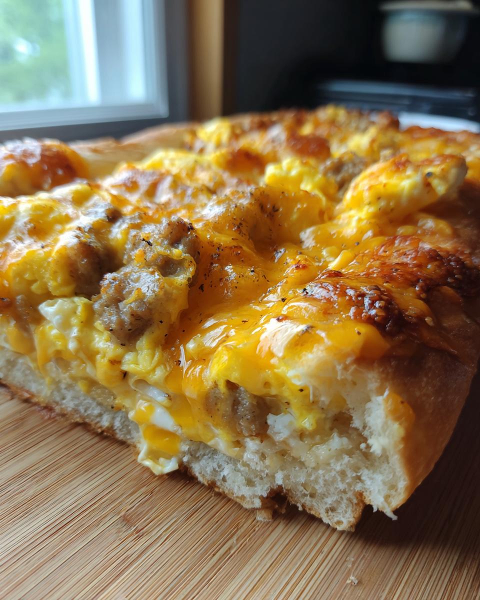 A thick slice of sausage gravy breakfast pizza showing fluffy crust, scrambled eggs, sausage crumbles, and melted cheddar cheese.