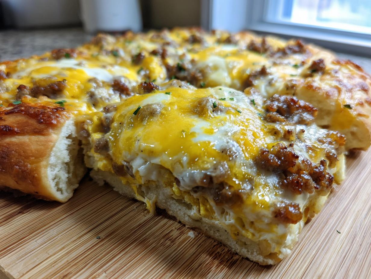 A thick slice of sausage gravy breakfast pizza showing crust, eggs, melted cheese, and crumbled sausage topping.