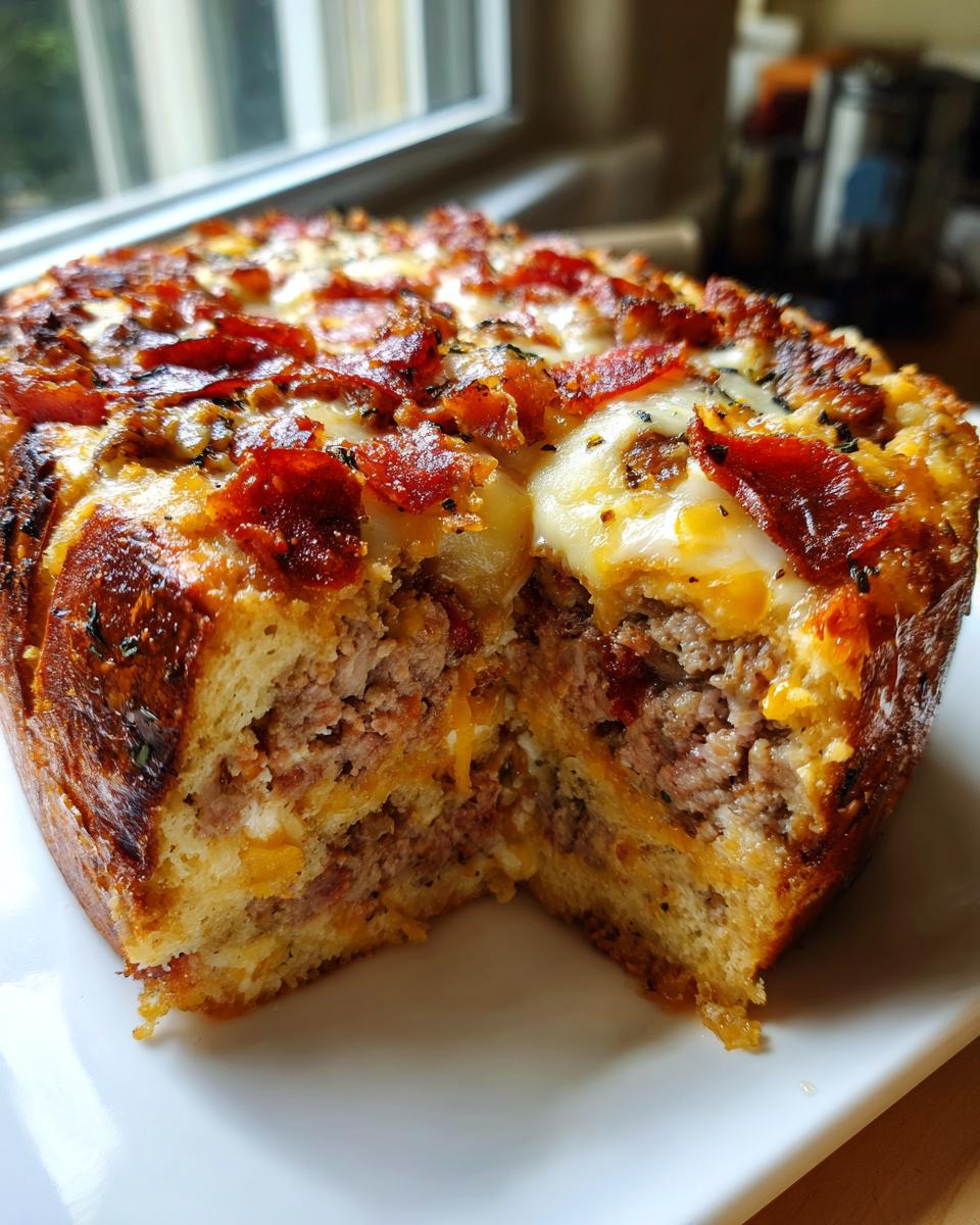 A close-up of a cut section of homemade garbage bread showing a savory meat and cheese filling inside a golden-brown crust.