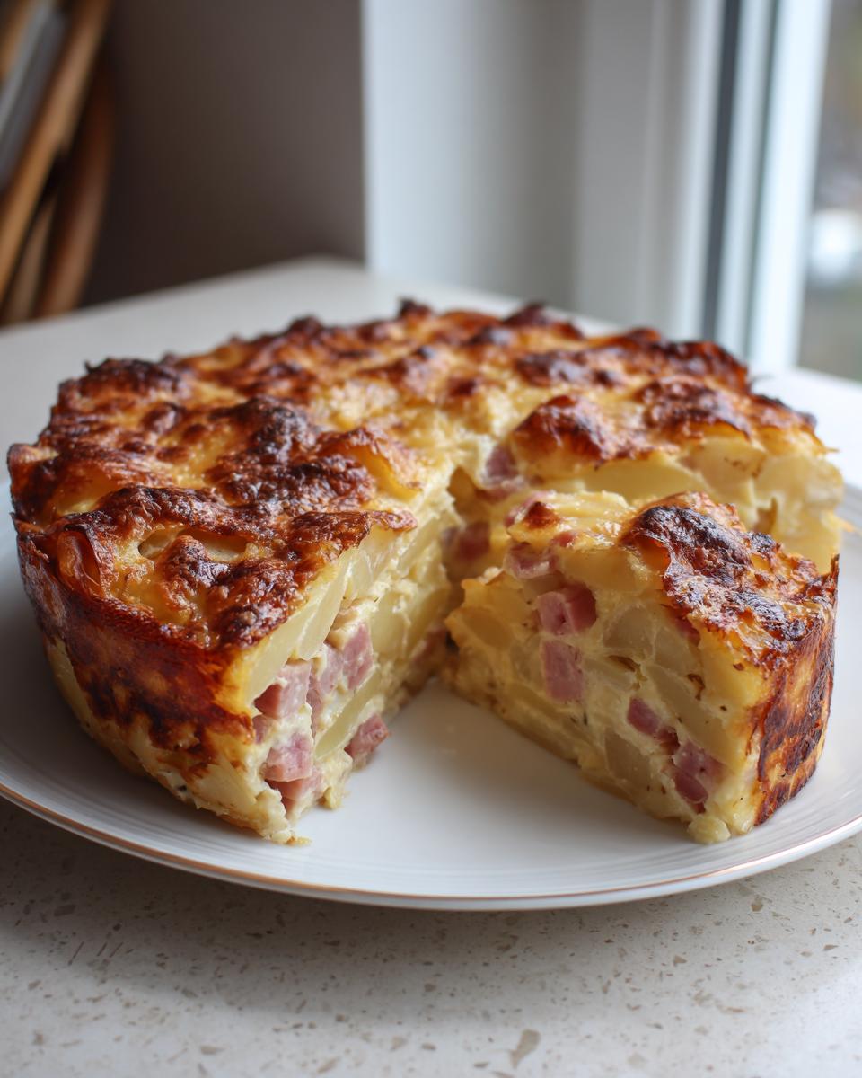 A round, baked casserole of scalloped potatoes and ham, cut to show creamy layers and a golden-brown top.