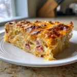 A thick, golden-brown slice of creamy scalloped potatoes and ham casserole on a white plate.