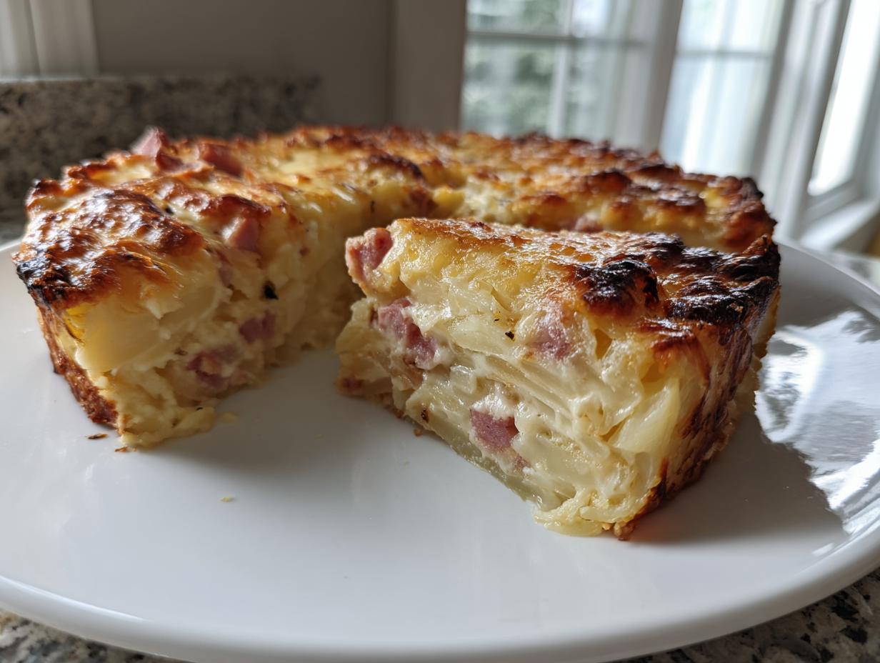 A thick slice cut from a round scalloped potatoes and ham casserole, showing layered potatoes and pink ham pieces in a creamy sauce.