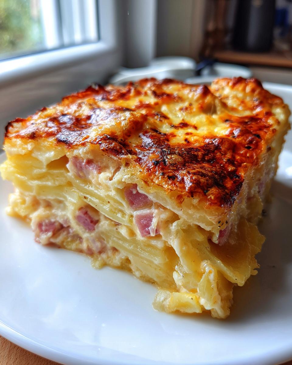 A thick, golden-brown slice of scalloped potatoes and ham baked in a creamy sauce, served on a white plate.