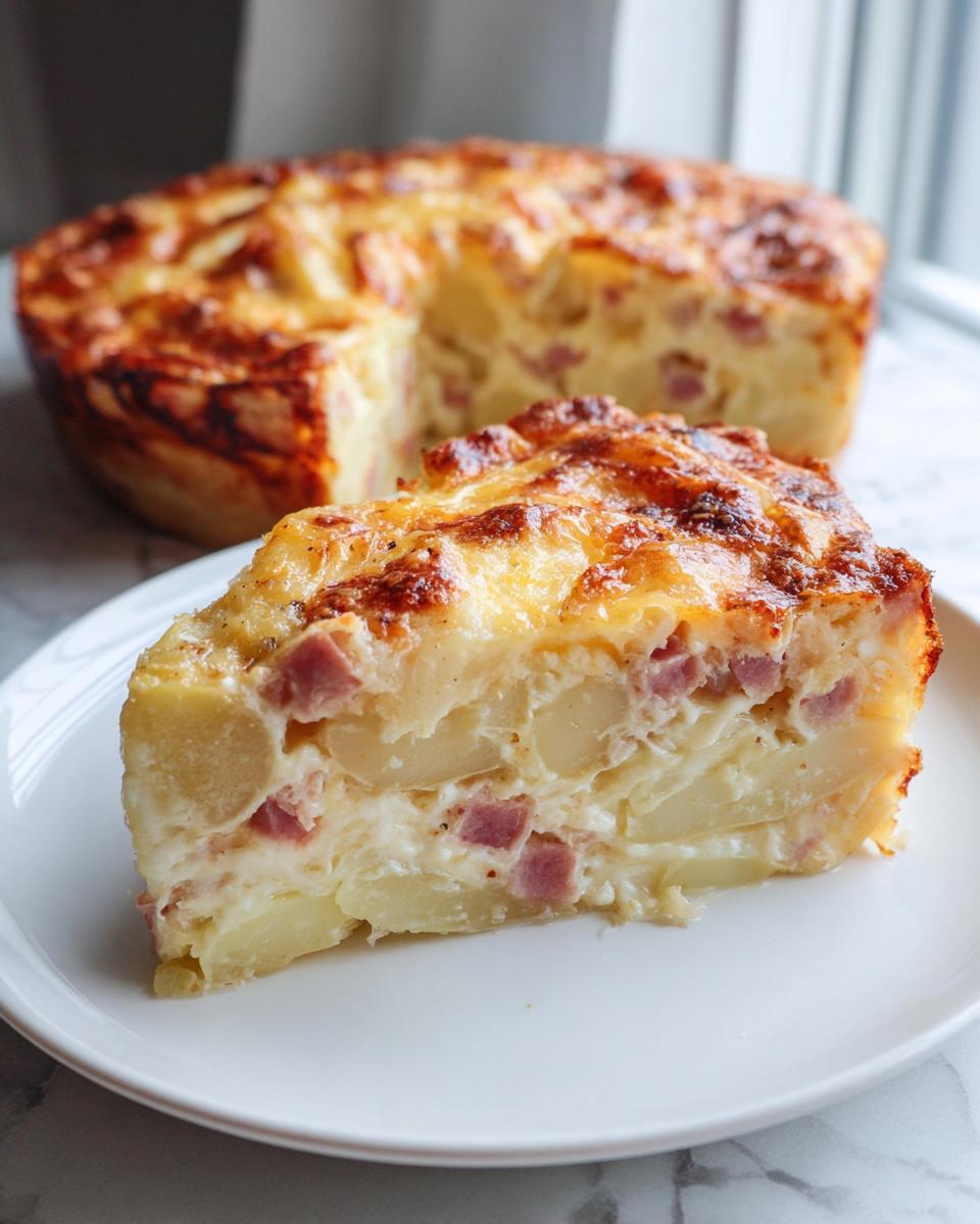 A thick slice of creamy scalloped potatoes and ham casserole with a golden, cheesy crust on a white plate.