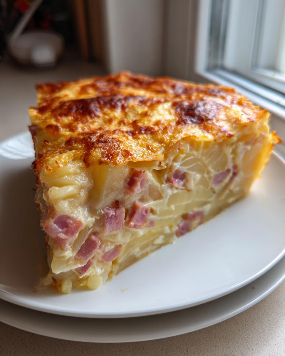 A thick slice of scalloped potatoes and ham casserole with a golden, bubbly cheese crust, served on a white plate.